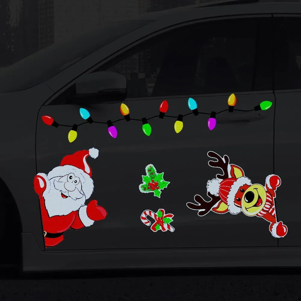 Medium Christmas elk cartoon reflective magnetic sticker with 6-thread design on a metallic surface.