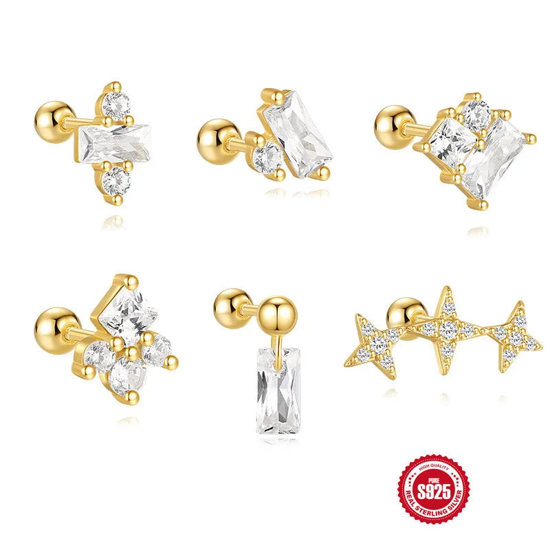 S925 sterling silver ear studs with square gravel flower design in golden colours