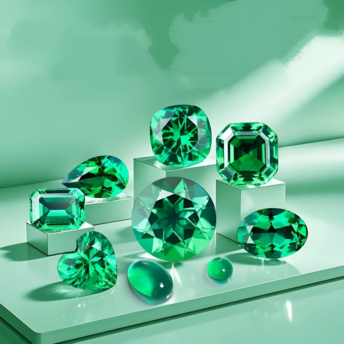 Synthetic Columbia green emerald gemstones in round and emerald cut shapes on white background