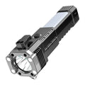 Silver portable LED flashlight with integrated power bank charging function.