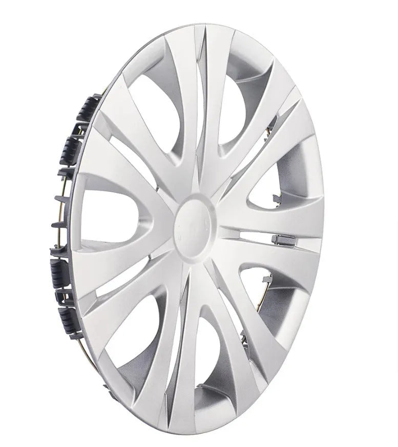Universal monochrome ABS plastic wheel hub cover in silver or black for 13-16 inch car wheels.