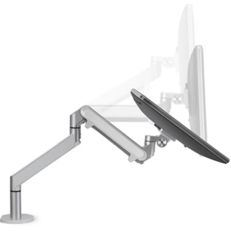 Black aluminium Free Hover adjustable laptop stand mounted on a desk edge, holding a silver notebook.