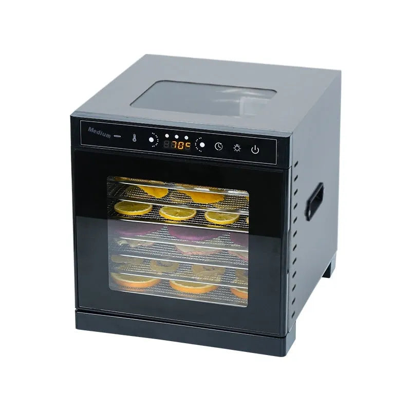 Stainless steel fruit dehydrator appliance with multiple stacking trays and an LED control panel.