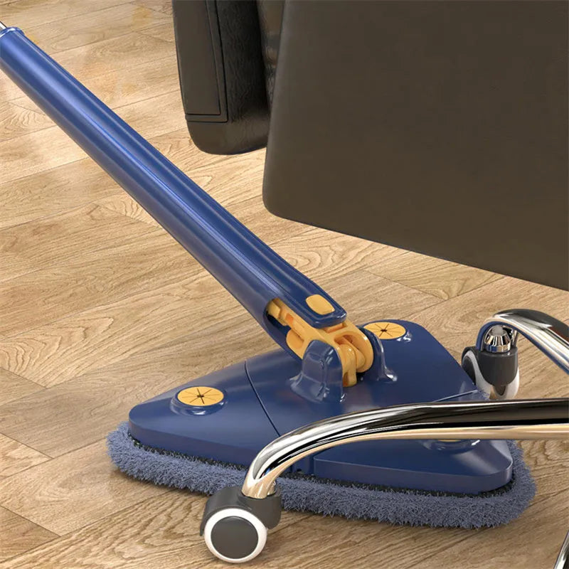 Blue triangle cleaning mop with rotating head on an extendable stainless steel pole.