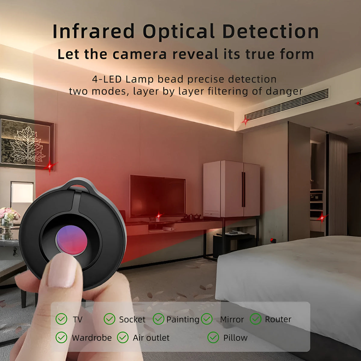 Compact infrared camera detector for finding hidden surveillance devices with a 5-metre range.