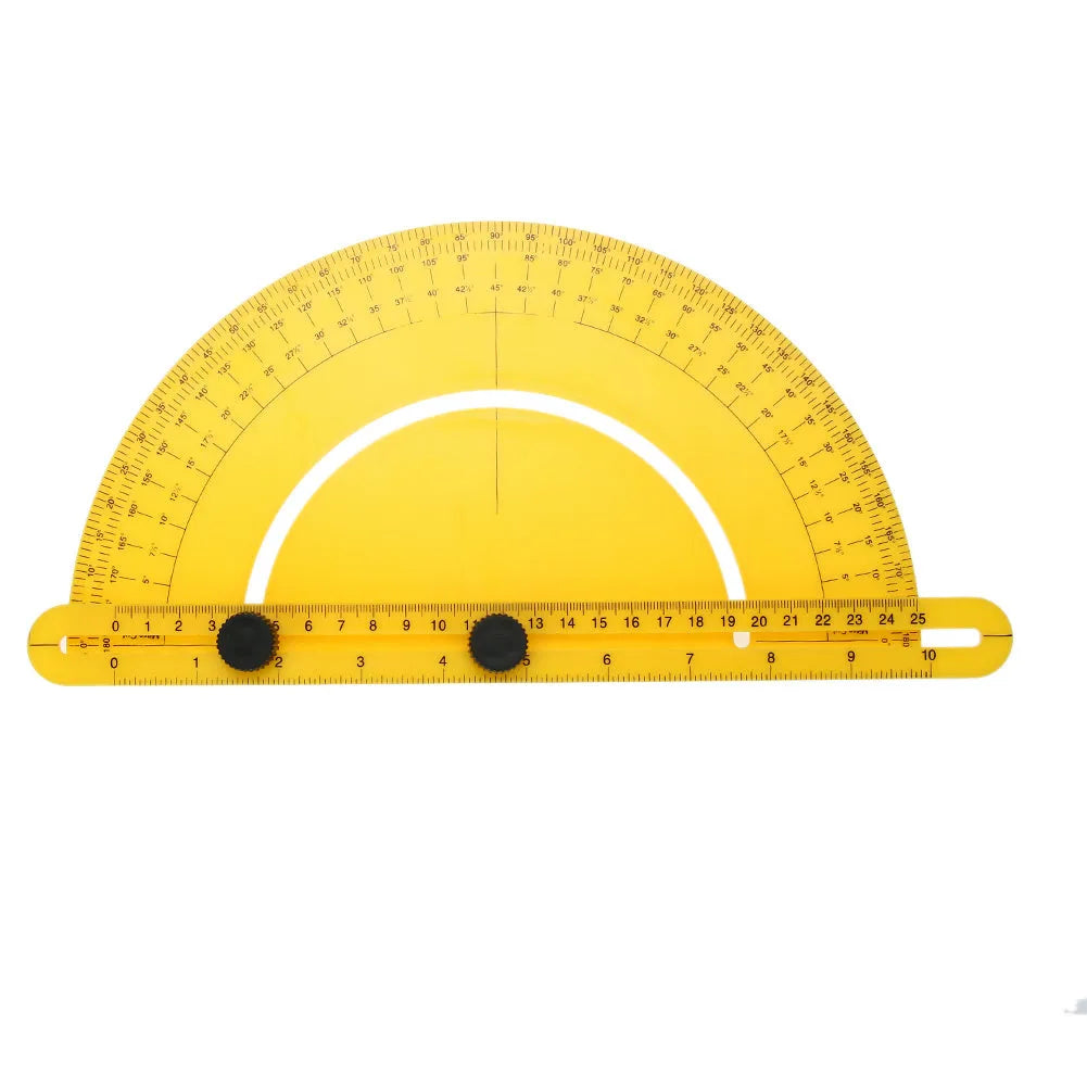 White plastic 180-degree carpentry ruler with square scale for angle measurement.