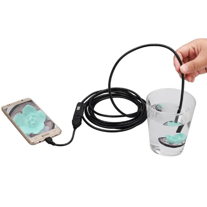 OWSOO USB endoscope with 5m cable, 7mm camera, LED lights, hook, and magnet for phone inspections.