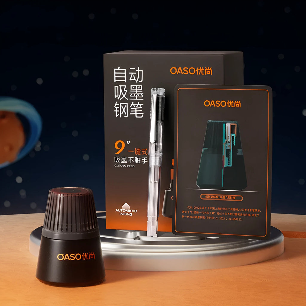 Student automatic suction pen set with plastic shell, refillable ink feeder, and choice of 0.38mm or 0.5mm pen heads