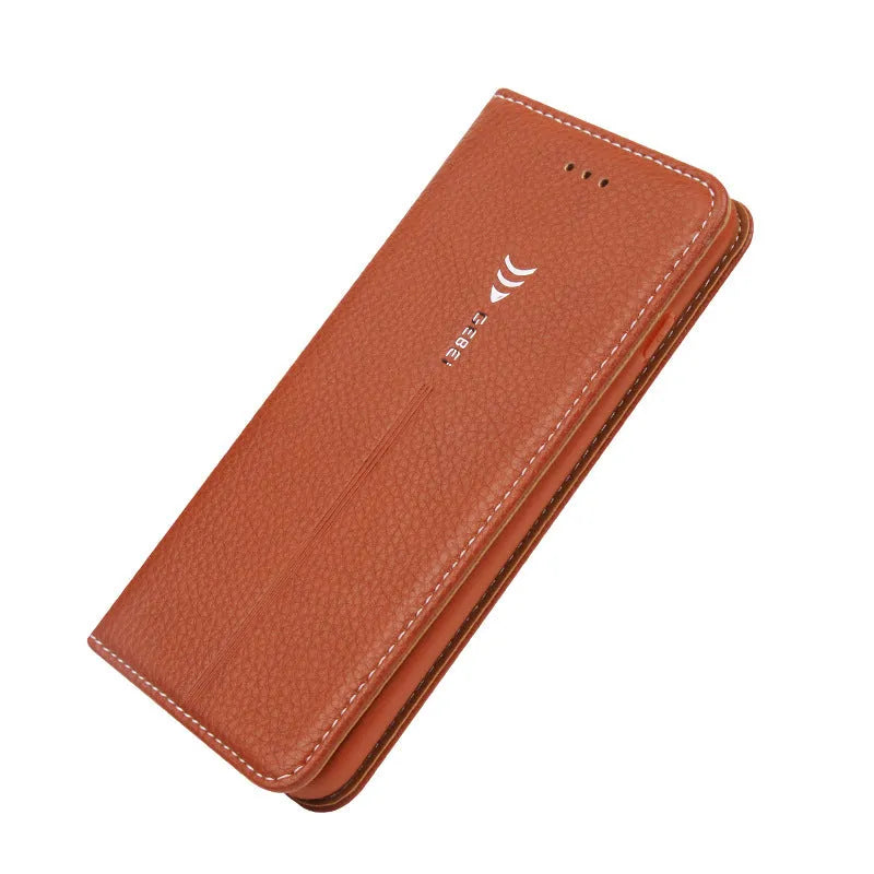 Black PU leather wallet phone case open showing card slot, next to an iPhone.