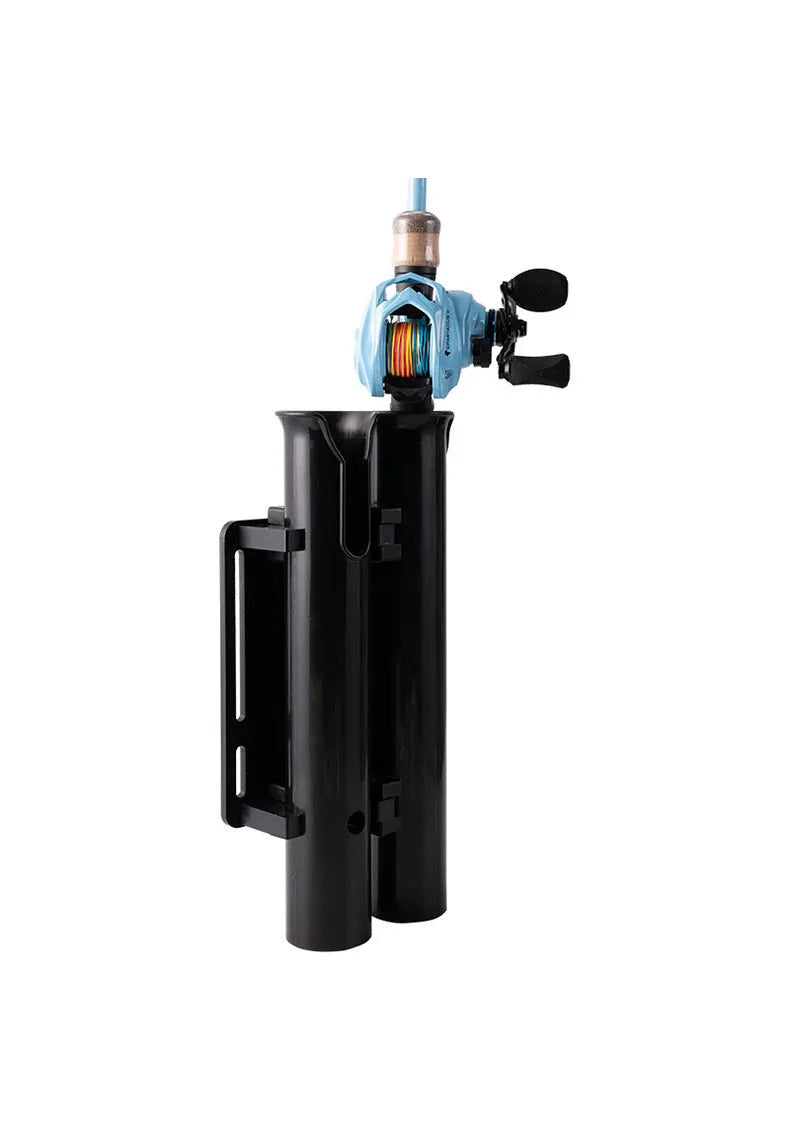 Black plastic double-layer fishing rod rack clamp mounted on a motorcycle carbon pipe frame