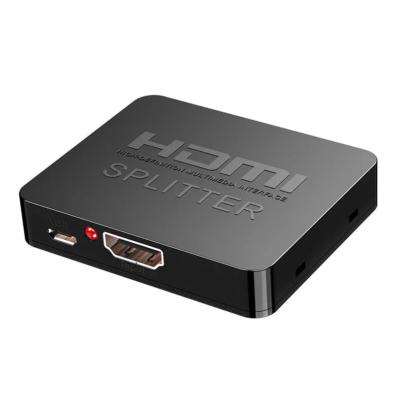 Black HDMI splitter device with one input and two output ports showing USB power connection