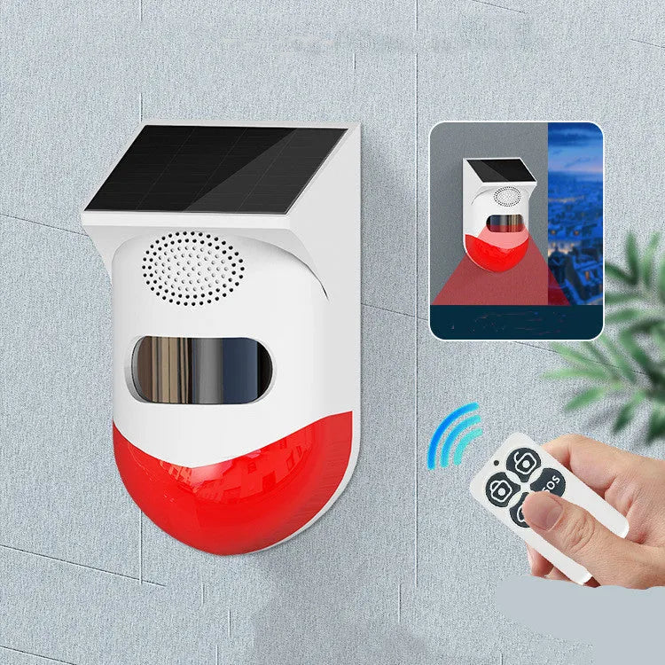 Solar alarm with infrared sensor and remote control for property security with 12-metre detection range