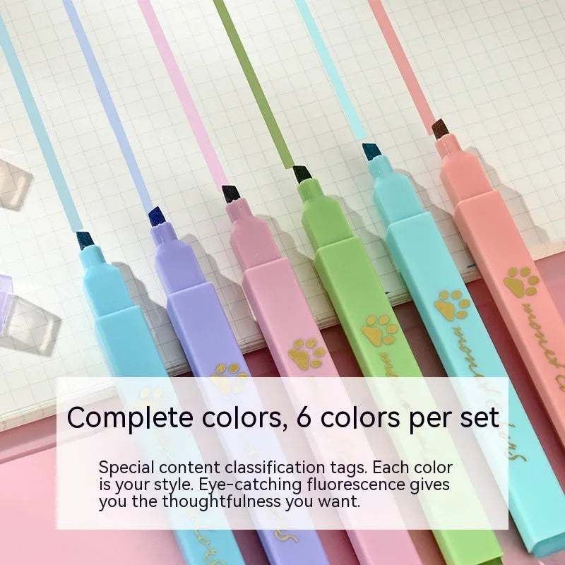 Cat's Paw brand box containing six fluorescent marking pens with oblique nibs in various colours.