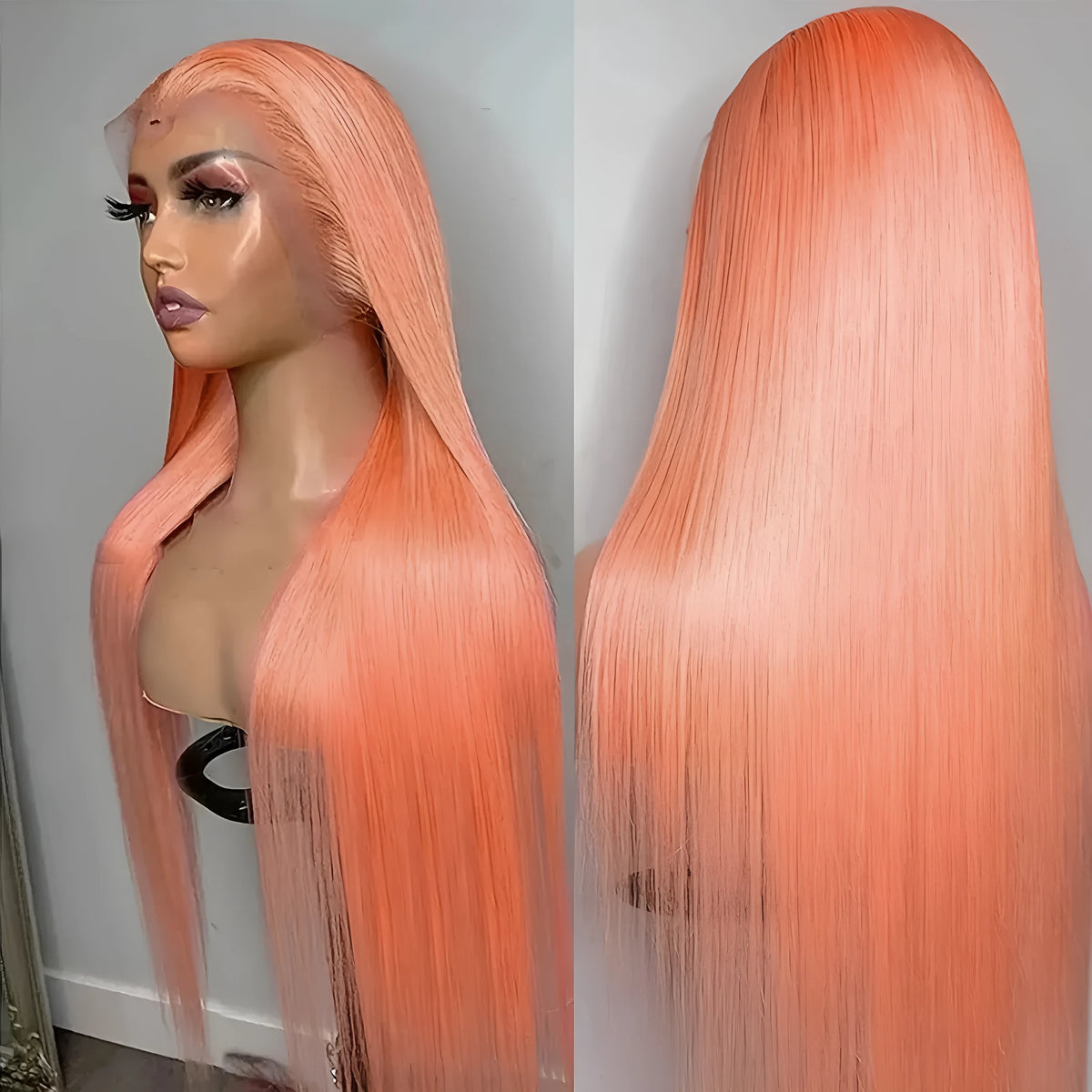 Light orange long straight synthetic wig with front lace and side bangs.