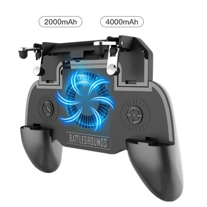 Black mobile game controller for smartphones with USB cable, shot button, and lens button.