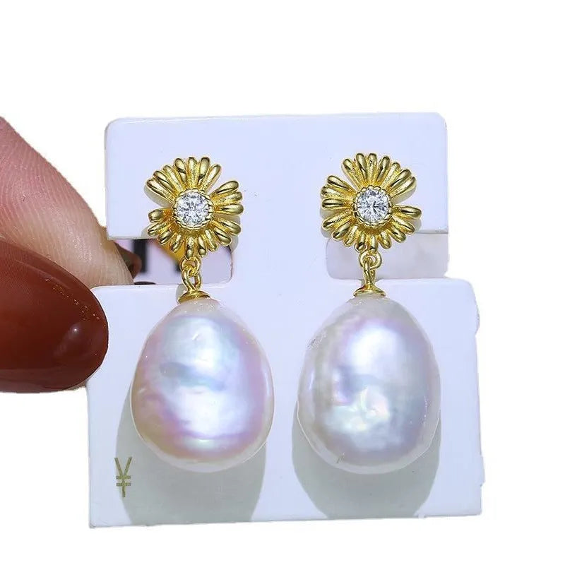 Baroque sterling silver flower earrings with ring holder frame in gold or silver colour options