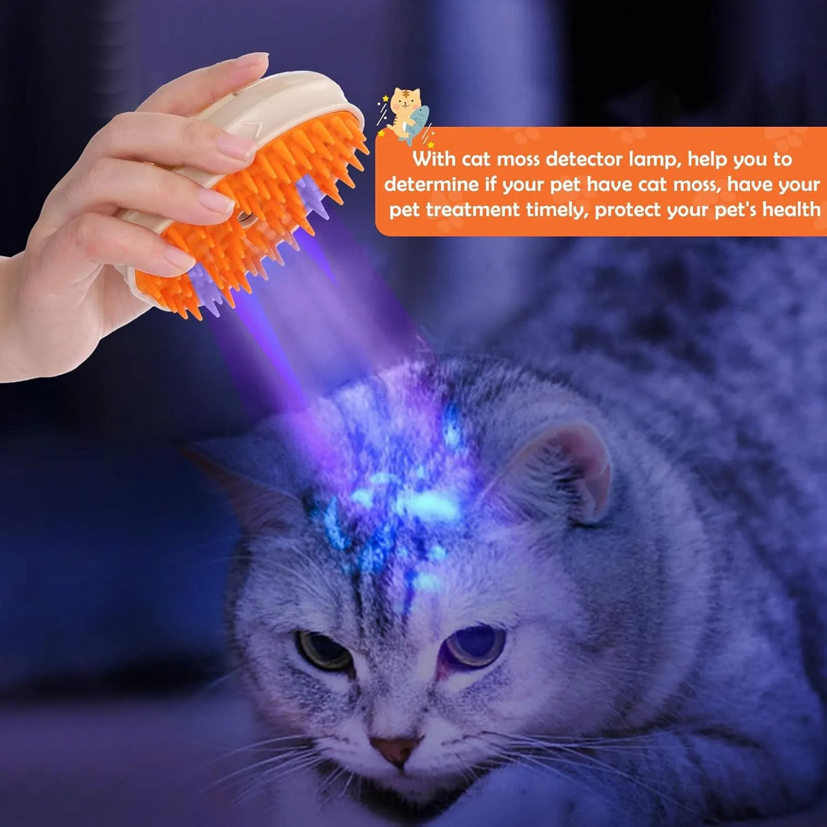 Yellow 4-in-1 cat steam brush with silicone bristles, water tank, and ringworm detector lamp.