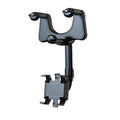 Black rearview mirror car phone holder with telescopic arm and four-claw phone grip, shown in a vehicle.