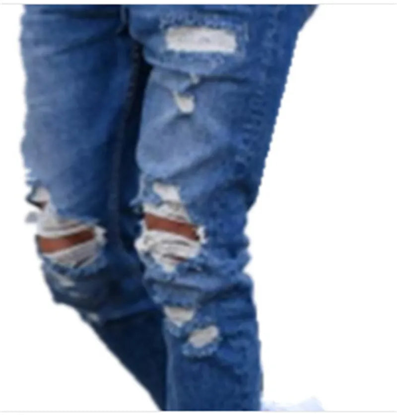 Men's distressed jeans in a deep blue wash on a size chart