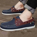 Men's British-style casual shoes in artificial PU with flat heel and round toe, shown in multiple colour options.