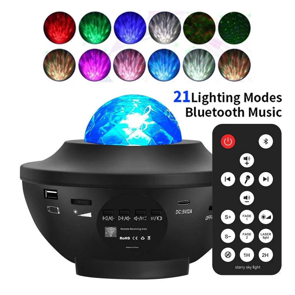 Black parallel style starry sky projection lamp with rotating water ripple laser effects