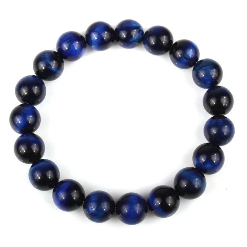Natural Tigereye crystal bracelet with round beads, showing colour options including dark blue, green, and red tiger eye.