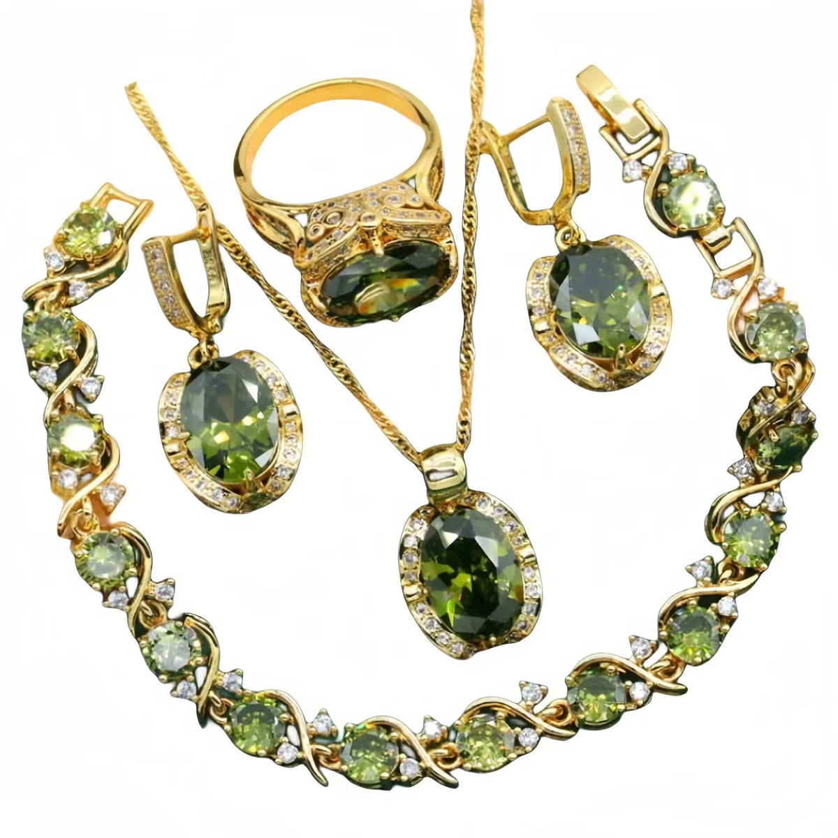 Olive green zircon jewellery set with snake bones chain necklace, matching earrings, and ring on a copper base.