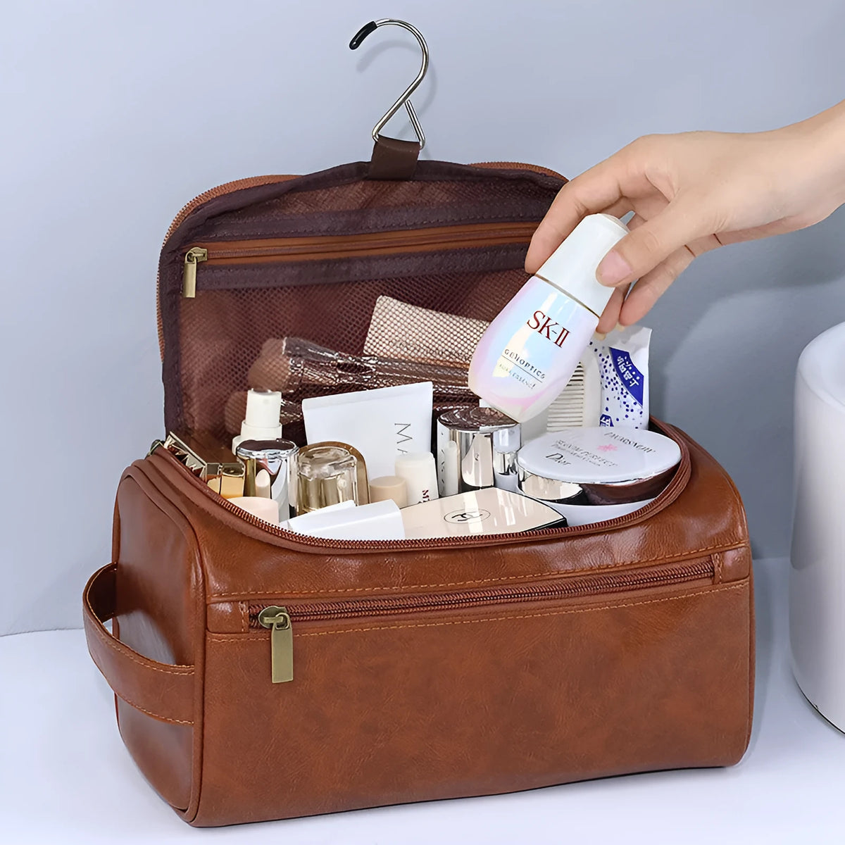 Large capacity waterproof cosmetic bag in multiple colour options including black, navy blue, beige, and brown
