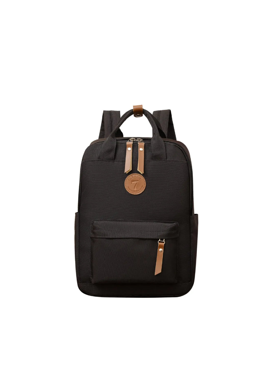 Solid black Oxford cloth leisure backpack with curved shoulder straps and retro styling details