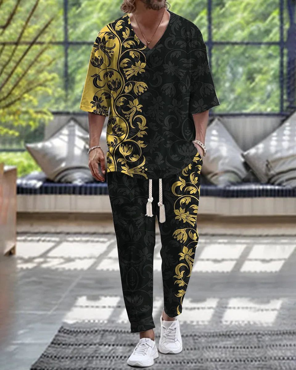 Cropped sleeve V-neck jacket and matching trousers formal business suit set