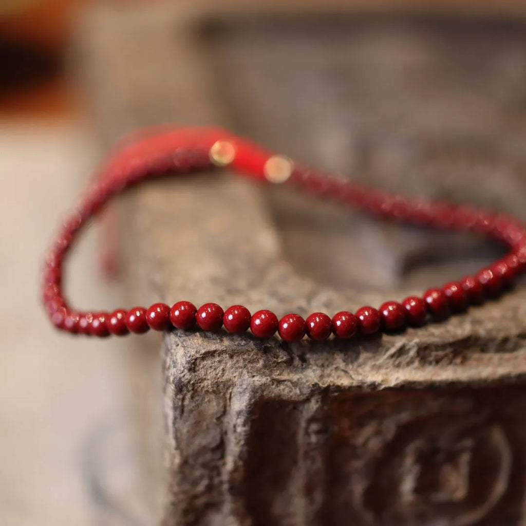Natural cinnabar bracelet with purple gold sand design and geometric Chinese auspicious patterns