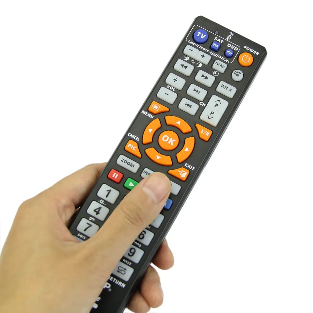Black L336 learning remote control showing button layout and infrared transmitter