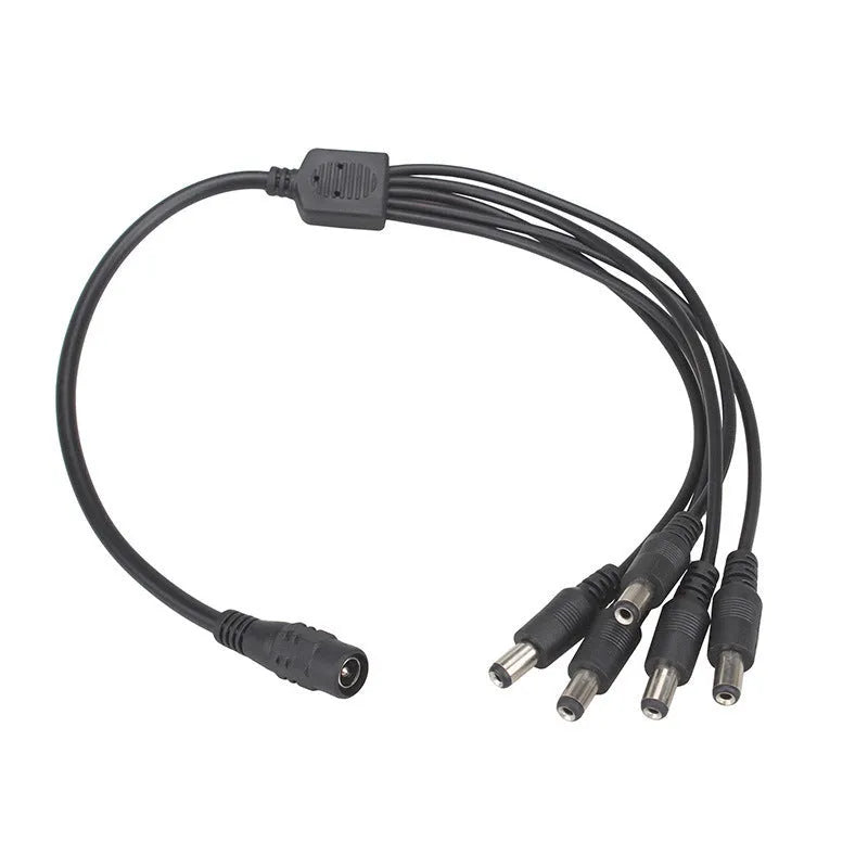 Black DC 1-to-4 monitoring power cord with 5.5mm connectors for CCTV security systems