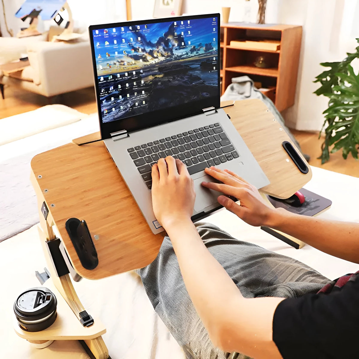 Wooden folding computer desk with adjustable angle for bed or sofa laptop use