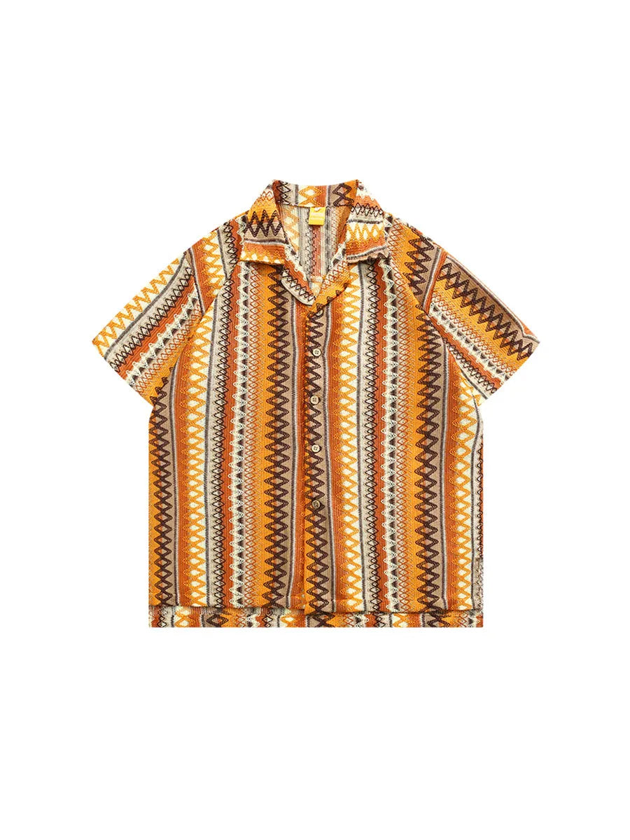 Ethnic style woven Cuban collar shirt in contrast colours with loose fit and drop shoulders.