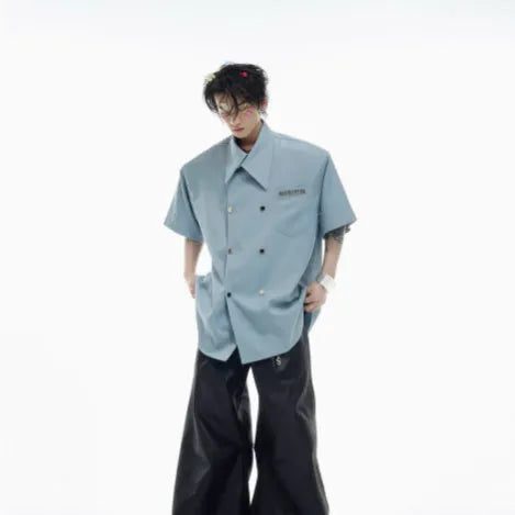 Men's loose fit short-sleeved summer shirt with lapel collar and spliced detailing