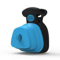 Blue handheld dog pooper scooper with clip, showing expanded waste container and integrated bag dispenser.