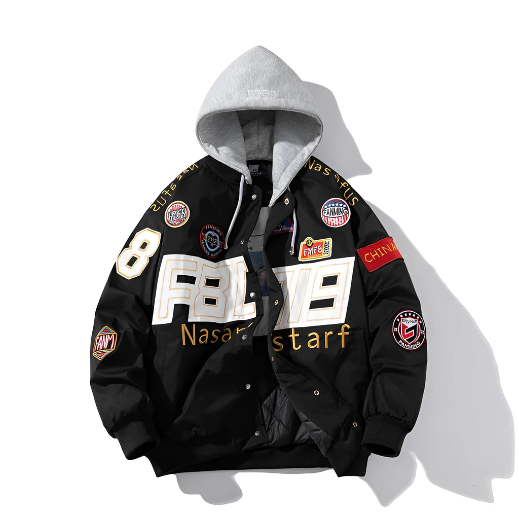 American motorcycle baseball jacket uniform in black, red, or blue with optional hood and cotton padding