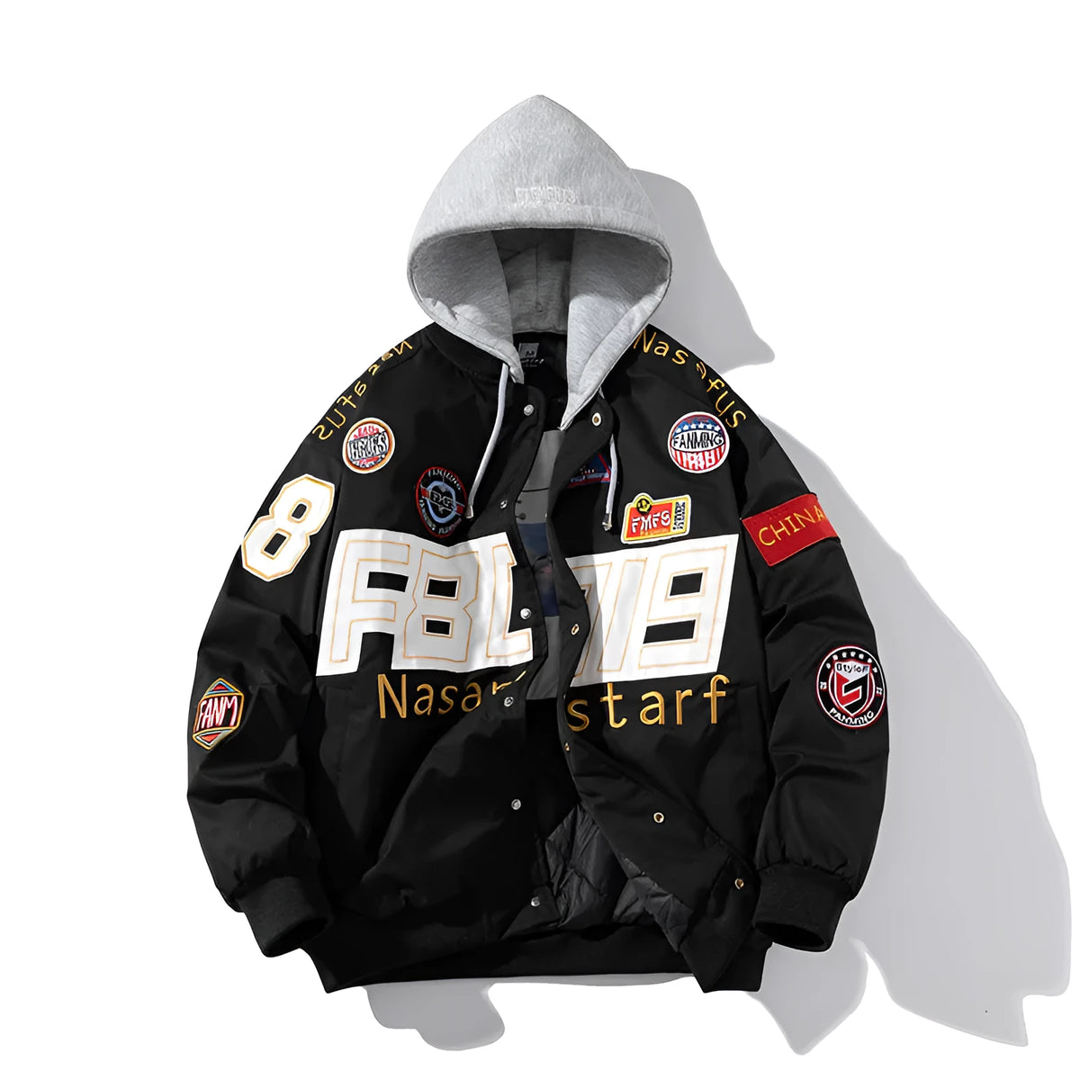 American motorcycle baseball jacket uniform in black, red, or blue with optional hood and cotton padding