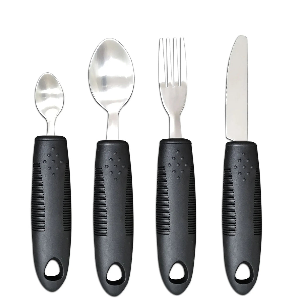 Stainless steel anti-shake tableware set with rubber handle for elderly food aid