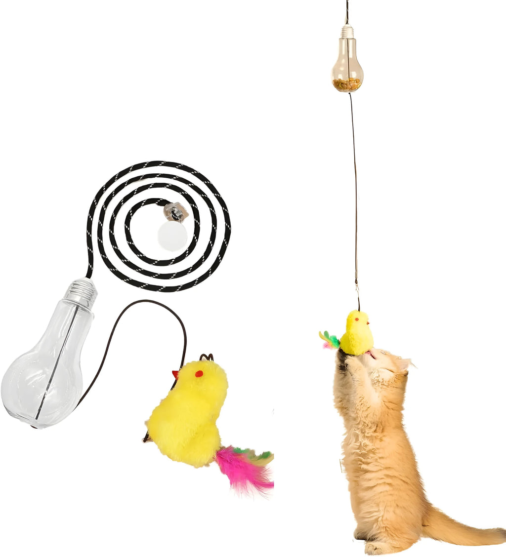 Grey and yellow interactive cat toy hanging on door with dangling mouse, treat bulb, and retractable cord