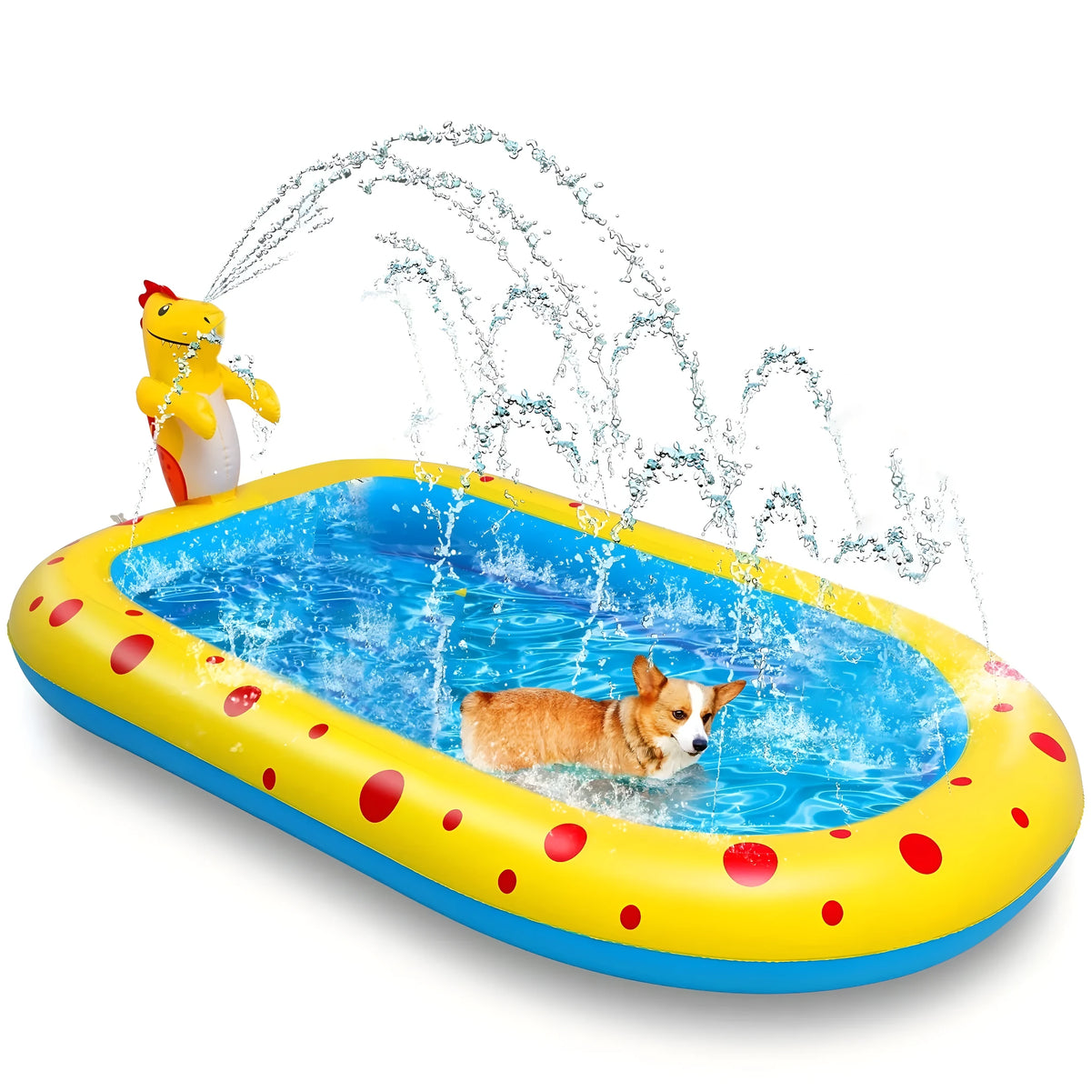 Blue inflatable dinosaur-shaped water spray pool for children in a garden