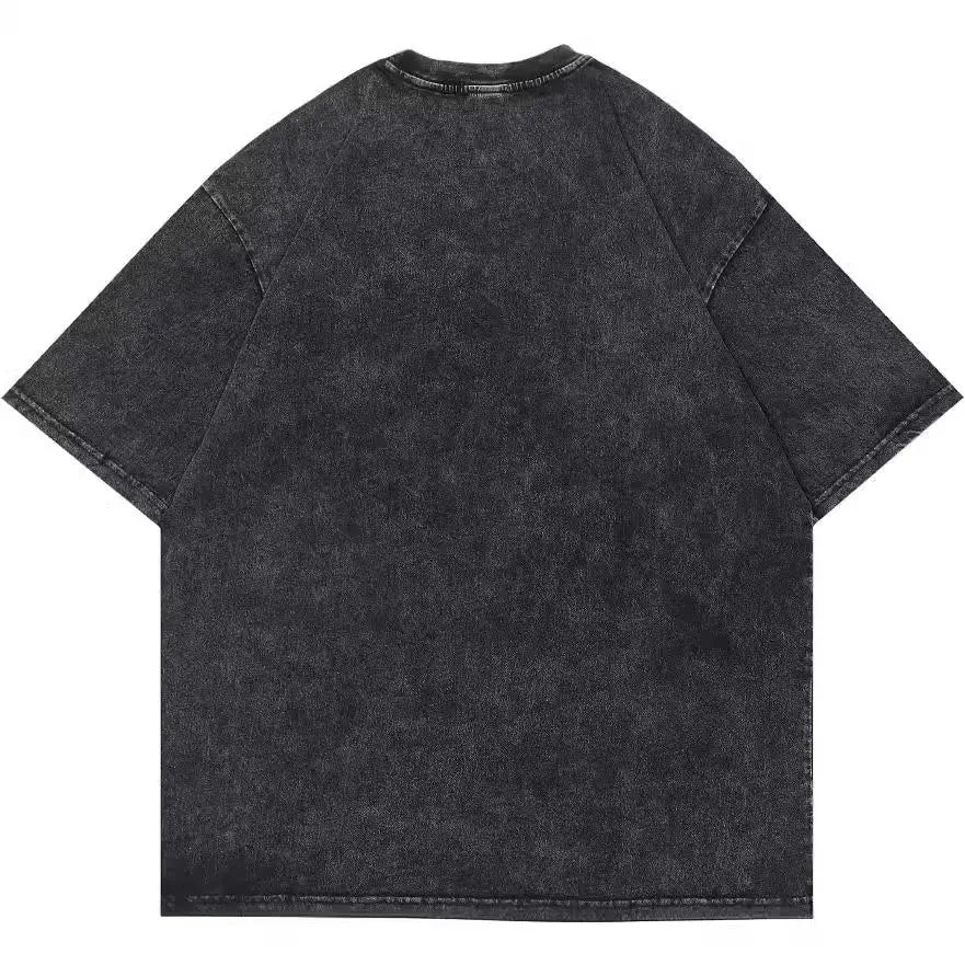 Men's loose fit cotton t-shirt with retro cartoon print pattern in washed black colour