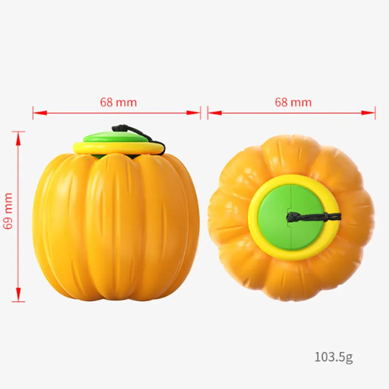 Green, orange, and yellow plastic squeaky pumpkin dog ball toy for small dogs, 68mm diameter.