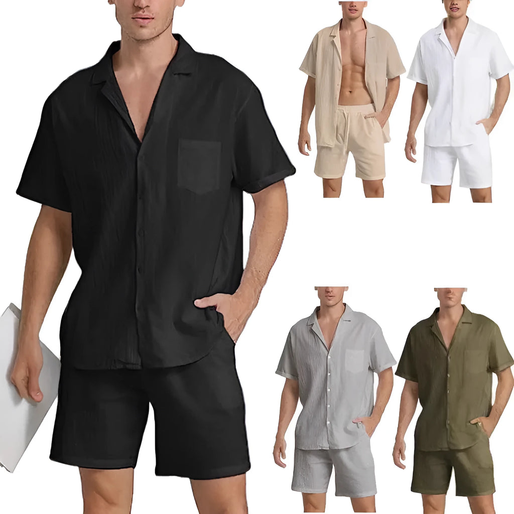 Men's black summer shorts suit with short-sleeved top and matching casual shorts