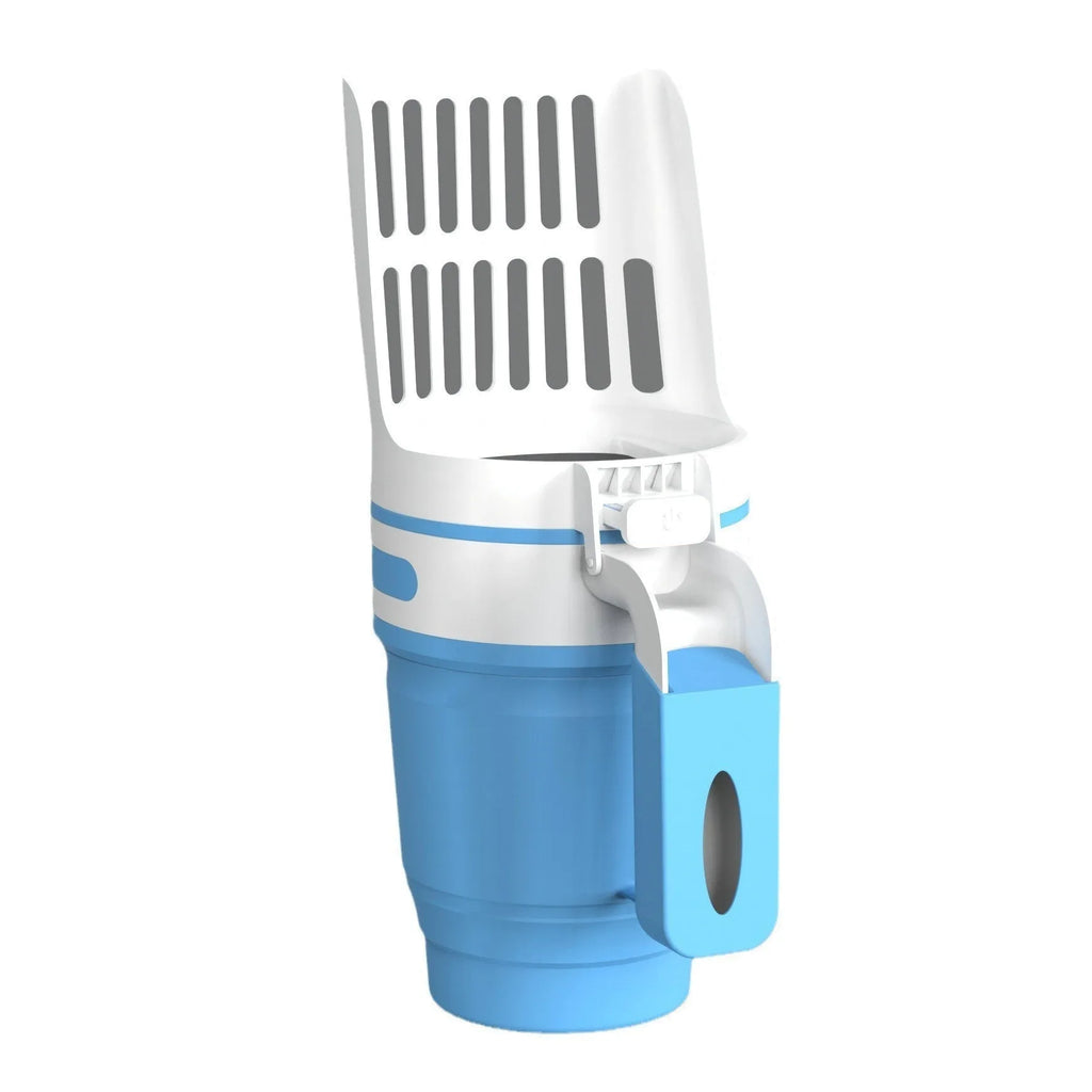 Grey, blue, and green cat litter scoop with integrated waste bin and sheltered lid.