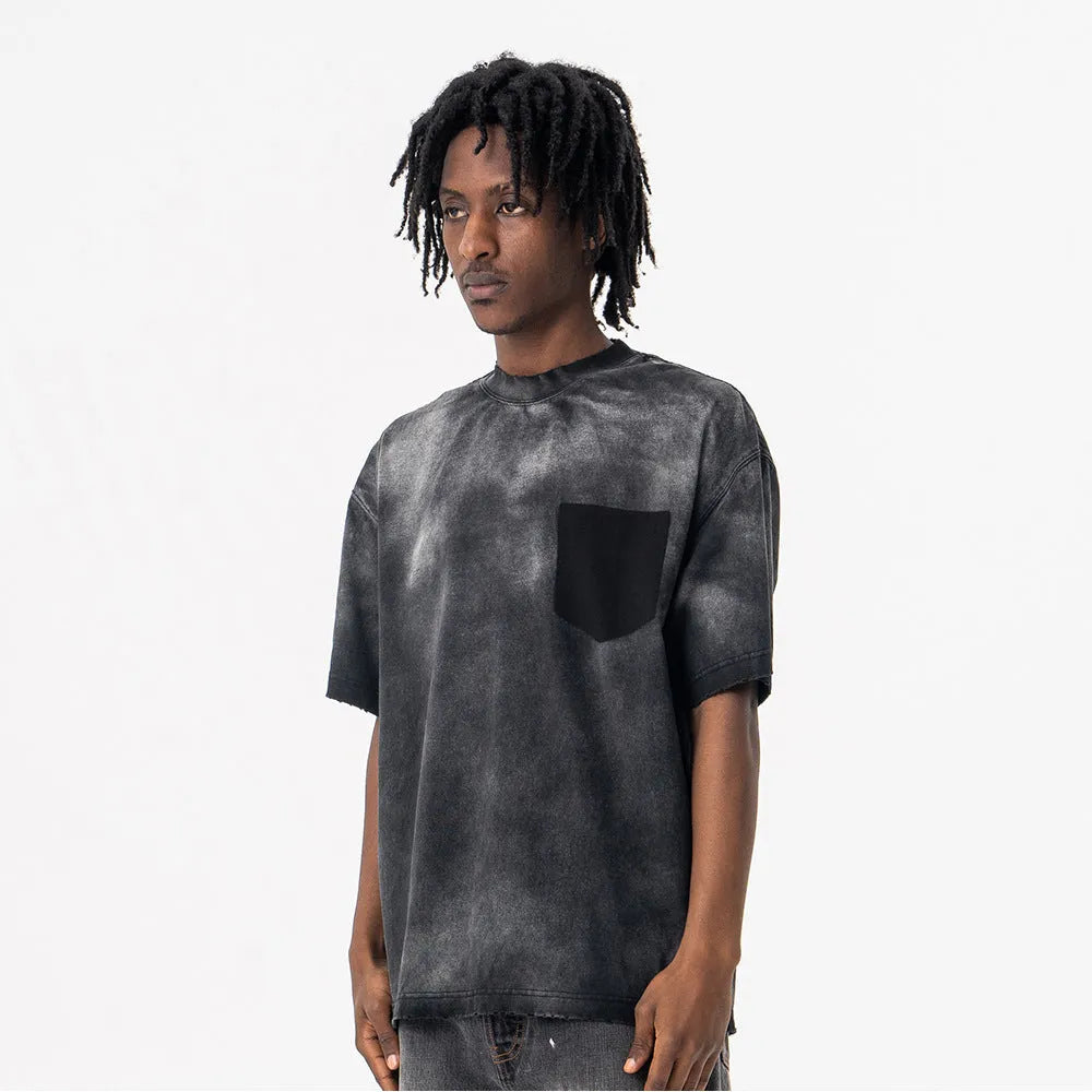 Black men's loose fit cotton short-sleeve t-shirt with printed letters and drop-shoulder sleeves.
