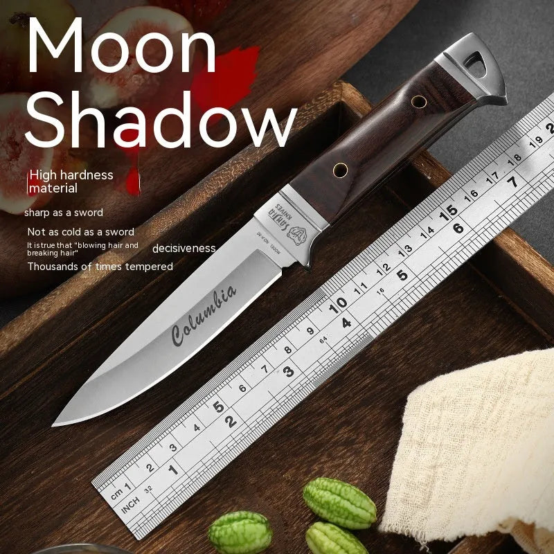 National style stainless steel camping knife with leather sheath case for outdoor use