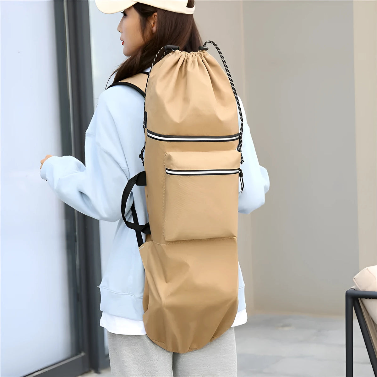 Waterproof nylon skateboard backpack with 20-35L capacity for longboards and fishing rods