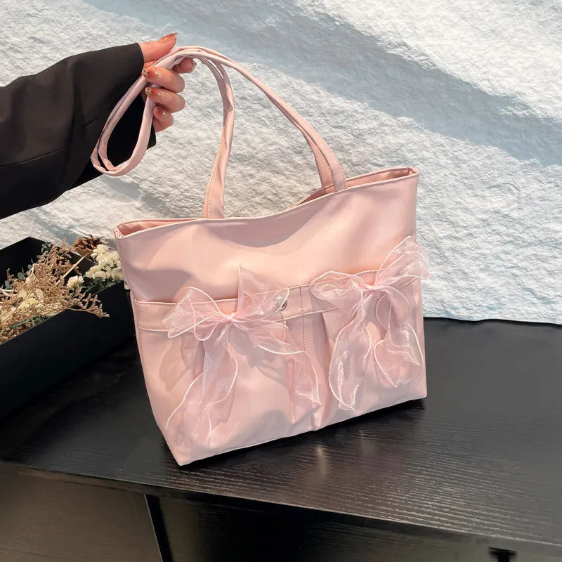 College style bow tote bag with large capacity and adjustable double shoulder straps